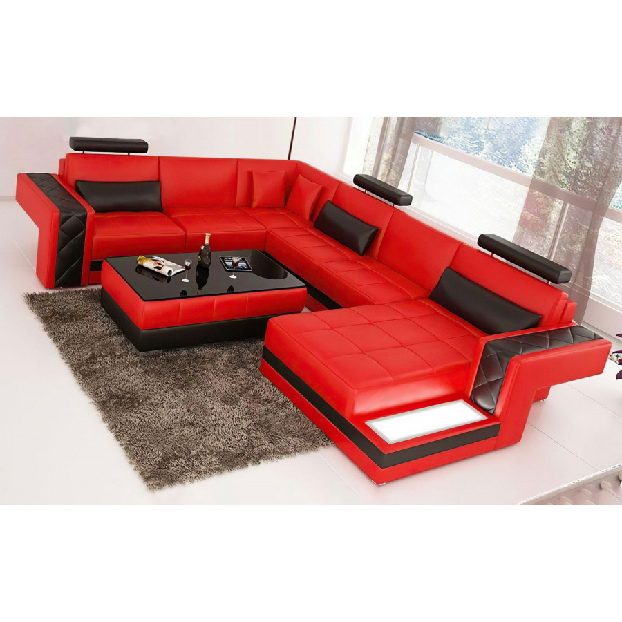 Jubilee Cuko Modern Large Right Hand Facing Sectional with Led - Red/Black, Top Grain Italian Leather