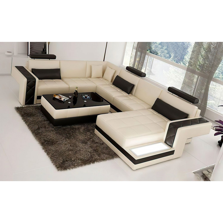 Jubilee Cuko Modern Large Left Hand Facing Sectional with Led - Beige/Dark Brown, Top Grain Italian Leather