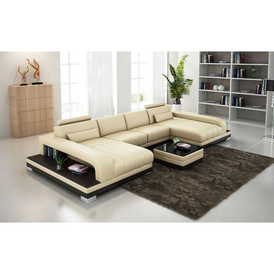 Jubilee Heather Small U-Shape Sectional with Chaise - Beige/Dark Brown, Top Grain Italian Leather