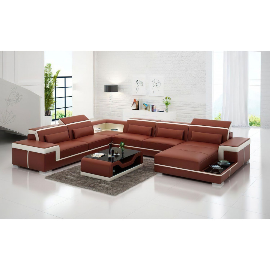Jubilee Perrault Right Hand Facing Sectional with Adjustable Headrest - Brown/White, Top Grain Italian Leather