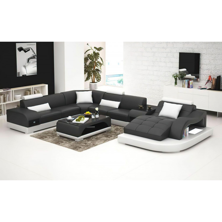 Jubilee Browns Led Left Hand Facing Sectional with Shape Chaise - Black/White, Top Grain Italian Leather