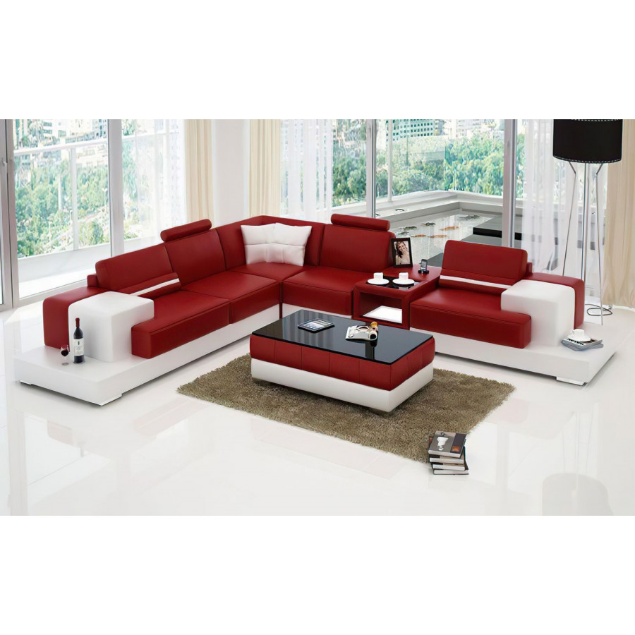 Jubilee Shahzaib Left Hand Facing Sectional with Console - Red/White, Top Grain Italian Leather