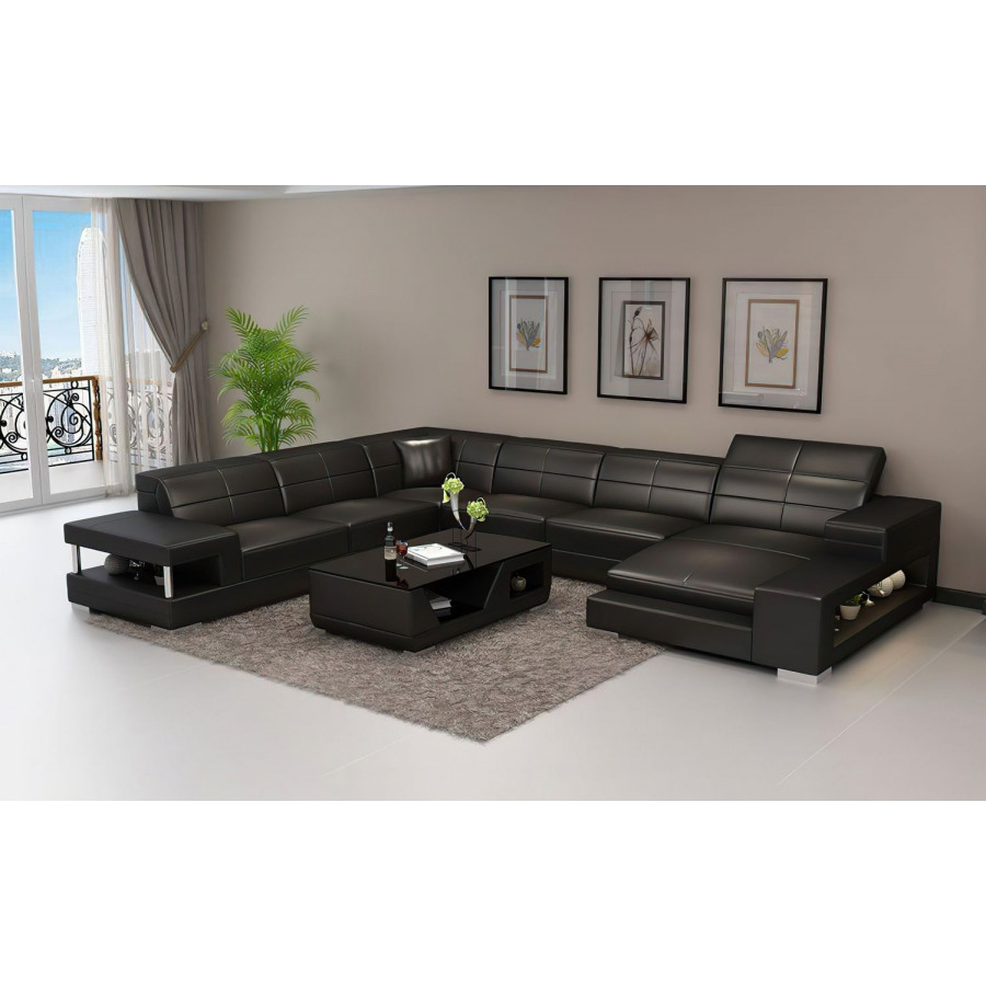 Jubilee Paramount Left Hand Facing Sectional with Led - Black, Top Grain Italian Leather