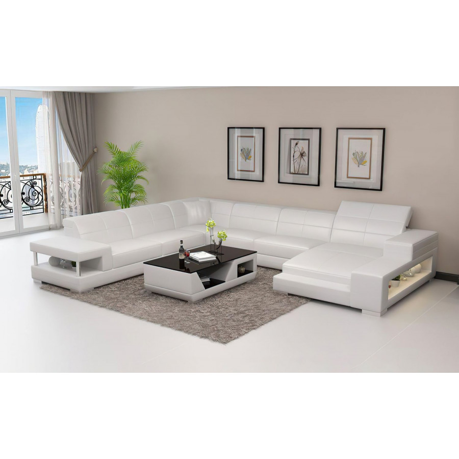 Jubilee Paramount Left Hand Facing Sectional with Led - White, Top Grain Italian Leather