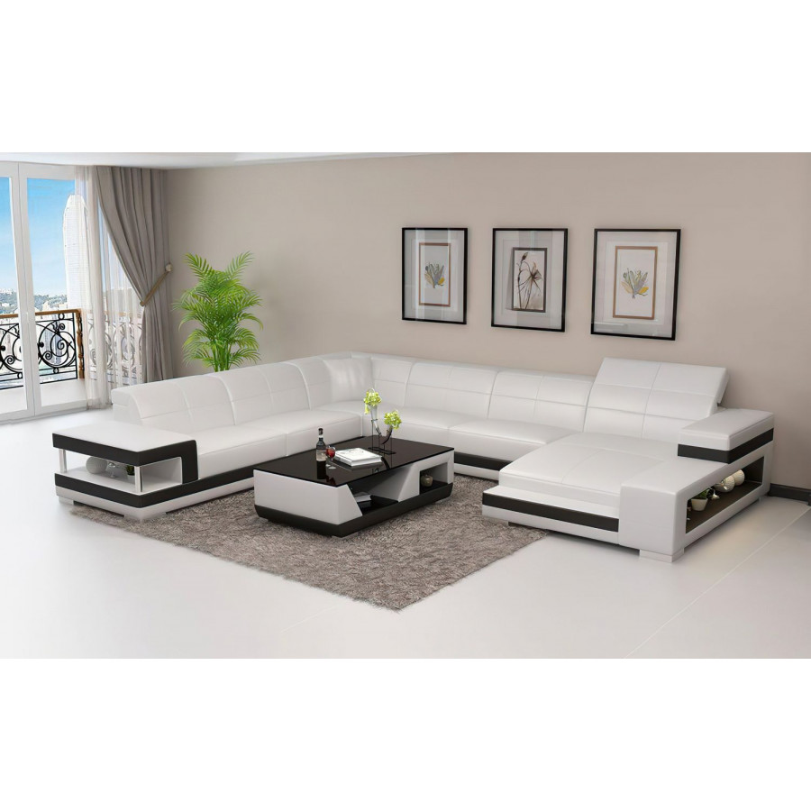 Jubilee Paramount Left Hand Facing Sectional with Led - White/Black, Top Grain Italian Leather