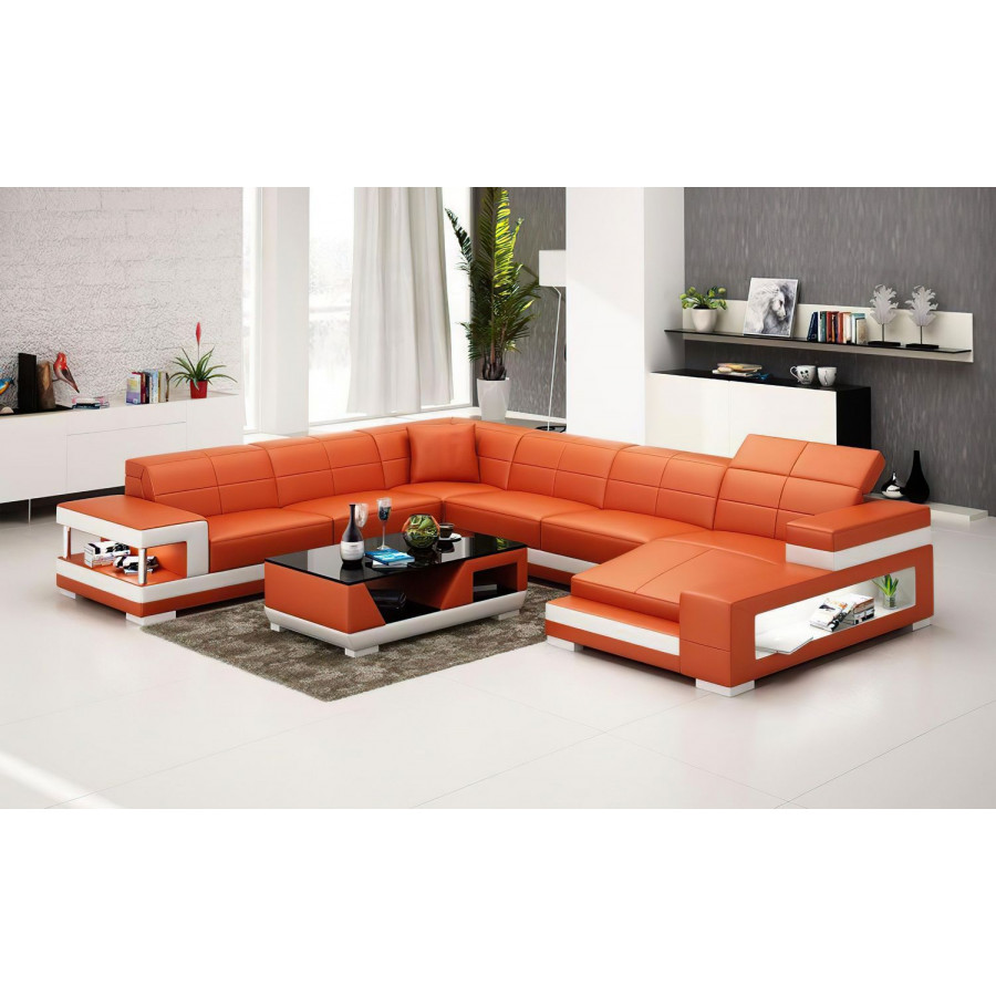 Jubilee Paramount Left Hand Facing Sectional with Led - Orange/White, Top Grain Italian Leather