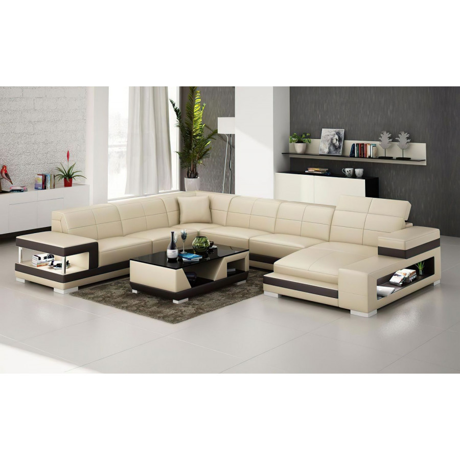 Jubilee Paramount Right Hand Facing Sectional with Led - Beige/Dark Brown, Top Grain Italian Leather