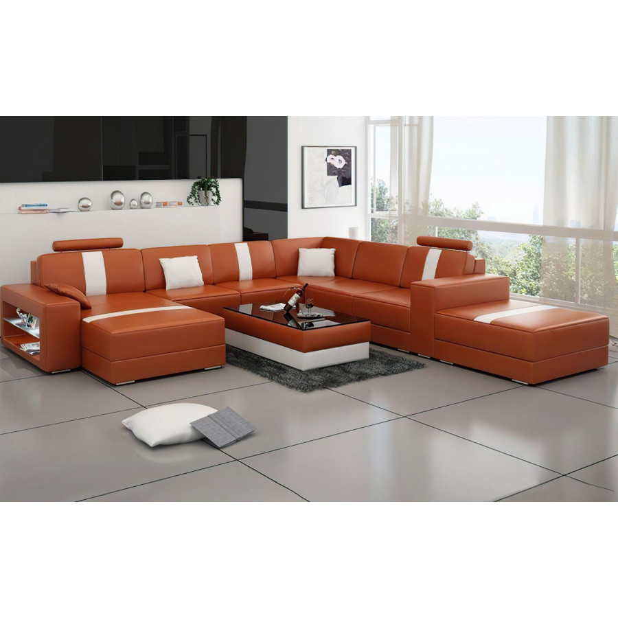 Jubilee Hemet Right Hand Facing Sectional with Chaise - Brown/White, Top Grain Italian Leather