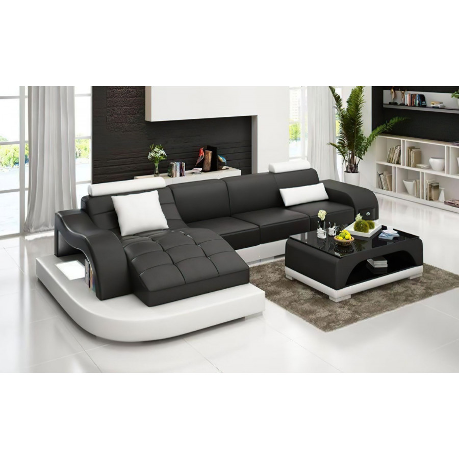 Jubilee Occasional Small Left Hand Facing Sectional with Adjustable Headrest - Black/White, Top Grain Italian Leather