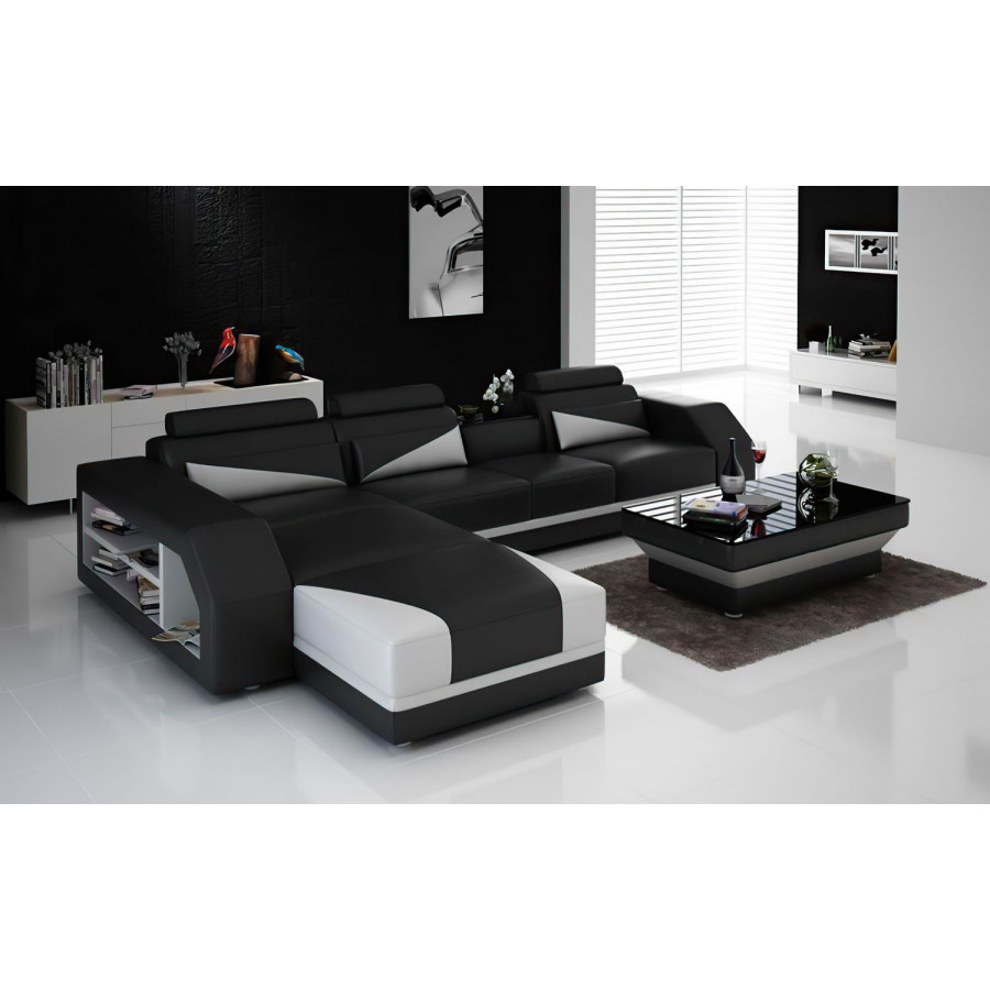 Jubilee Kopp Left Hand Facing Sectional with Storage - Black/White, Top Grain Italian Leather
