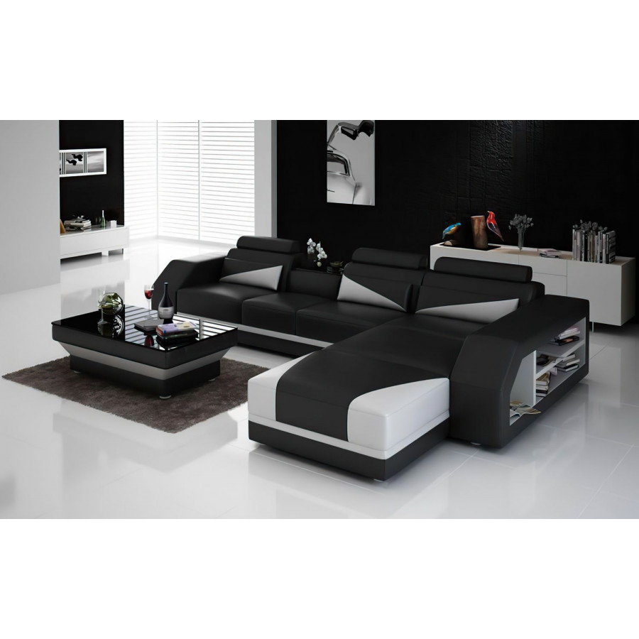 Jubilee Kopp Right Hand Facing Sectional with Storage - Black/White, Top Grain Italian Leather