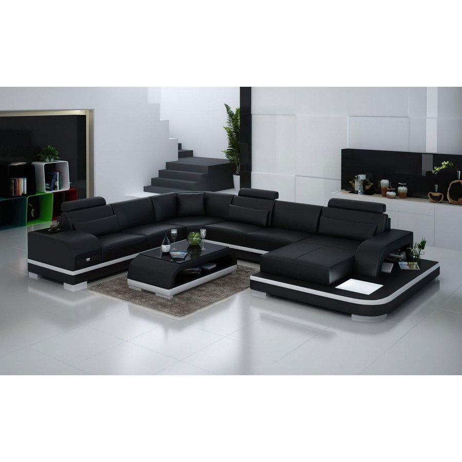 Jubilee Everly Right Hand Facing Sectional with Leds - Black/White, Top Grain Italian Leather