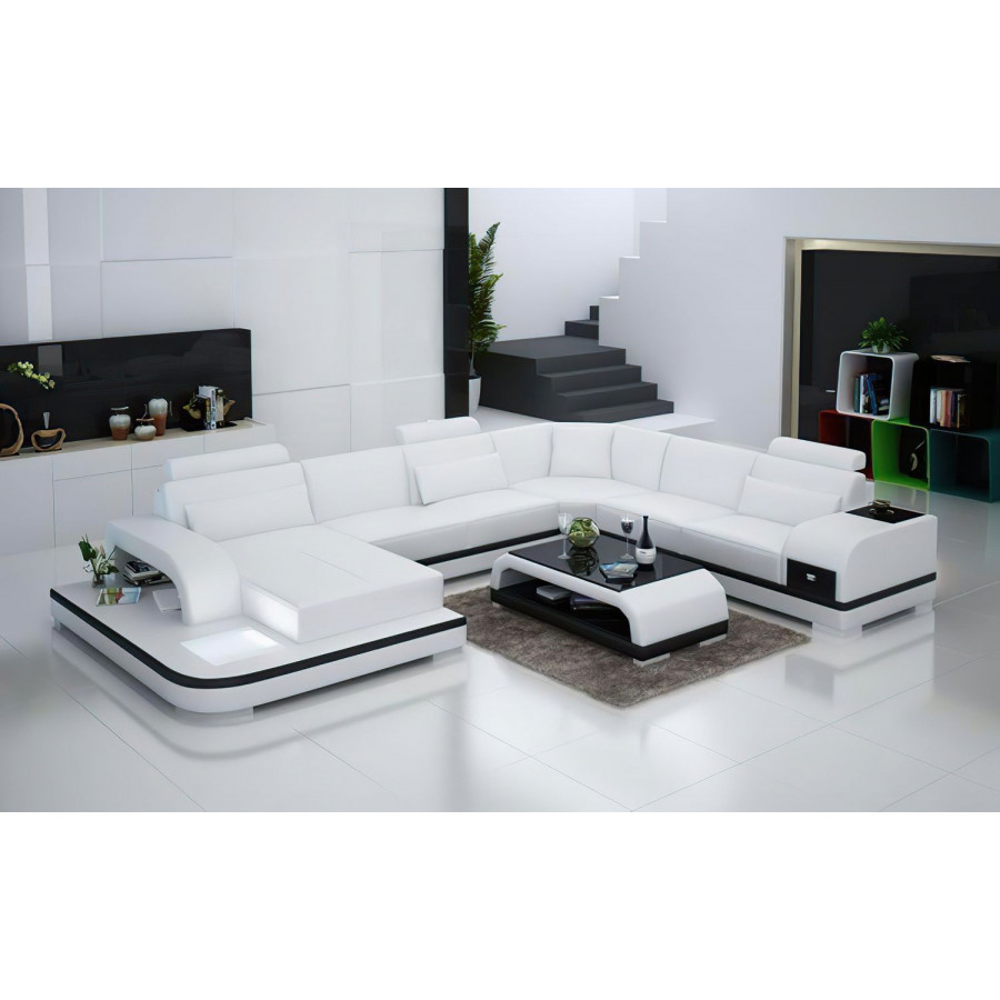 Jubilee Everly Left Hand Facing Sectional with Leds - White/Black, Top Grain Italian Leather