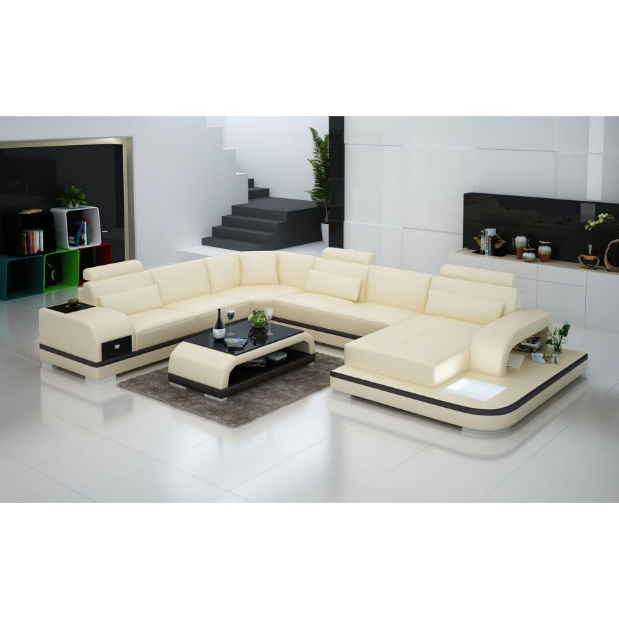 Jubilee Everly Right Hand Facing Sectional with Leds - Cream/Dark Brown, Top Grain Italian Leather