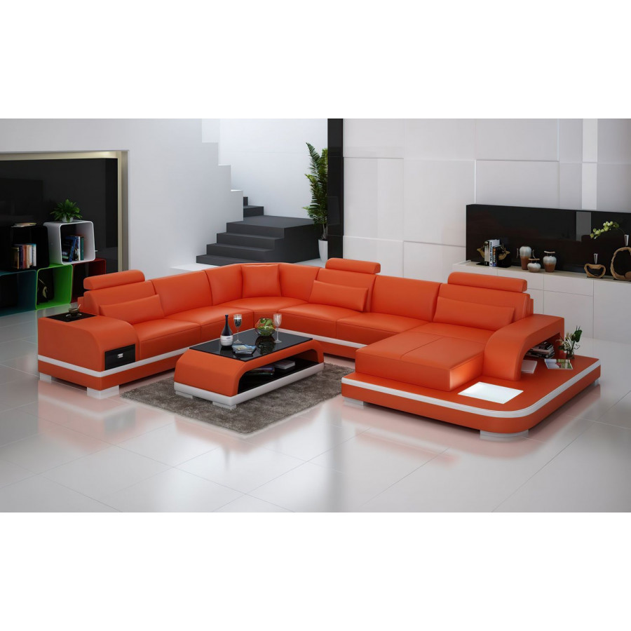 Jubilee Everly Right Hand Facing Sectional with Leds - Orange/White, Top Grain Italian Leather