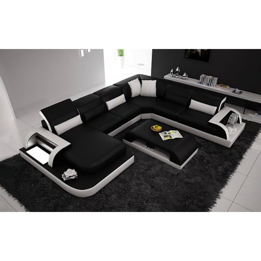 Jubilee Molinaro Left Hand Facing Sectional with Adjustable Headrest - Black/White, Top Grain Italian Leather