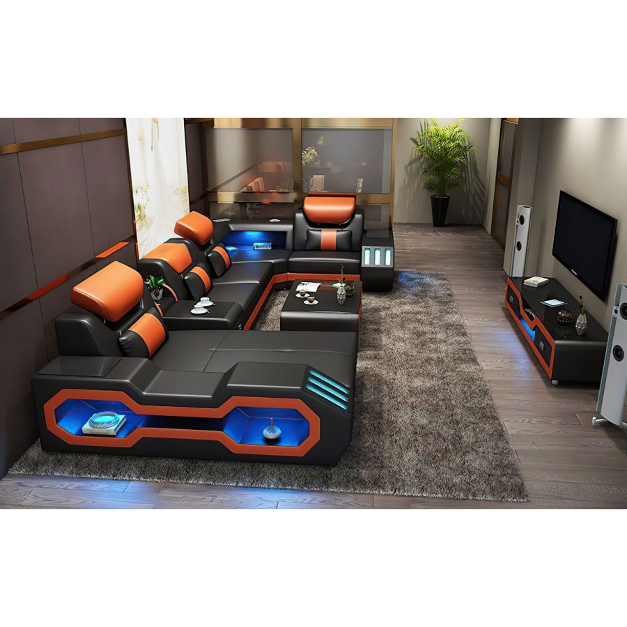Jubilee Bigelow Right Hand Facing Sectional with USB Charger - Black/Orange, Top Grain Italian Leather