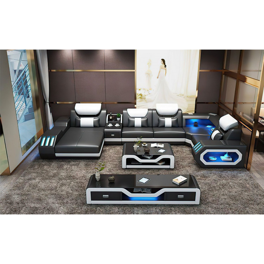 Jubilee Bigelow Right Hand Facing Sectional with USB Charger - Black/Beige, Top Grain Italian Leather