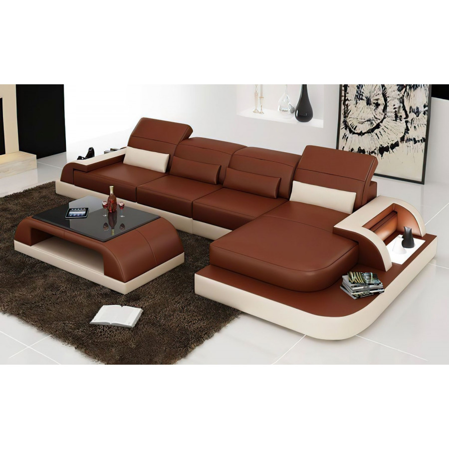 Jubilee Brosnan Right Hand Facing Sectional with Led - Brown/Beige, Top Grain Italian Leather