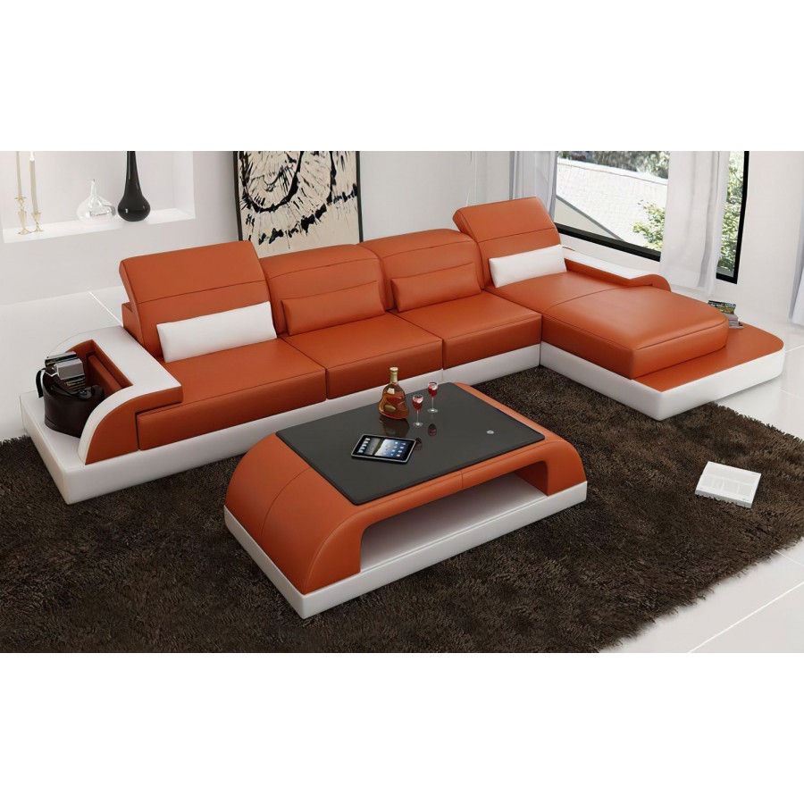 Jubilee Brosnan Right Hand Facing Sectional with Led - Orange/White, Top Grain Italian Leather