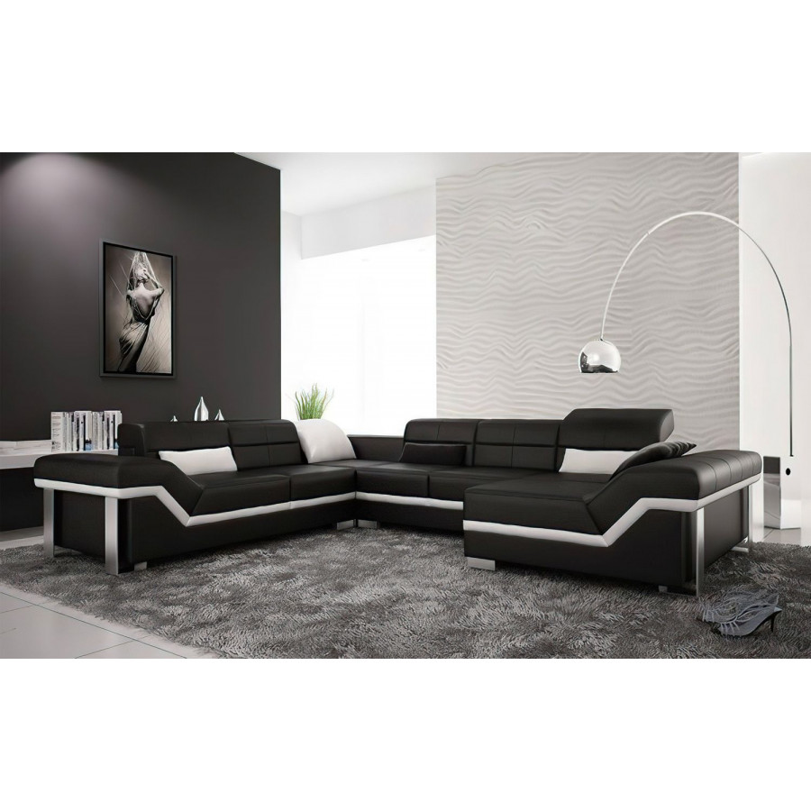 Jubilee Pivot Large Right Hand Facing Sectional with Adjustable Headrest - Black/White, Top Grain Italian Leather