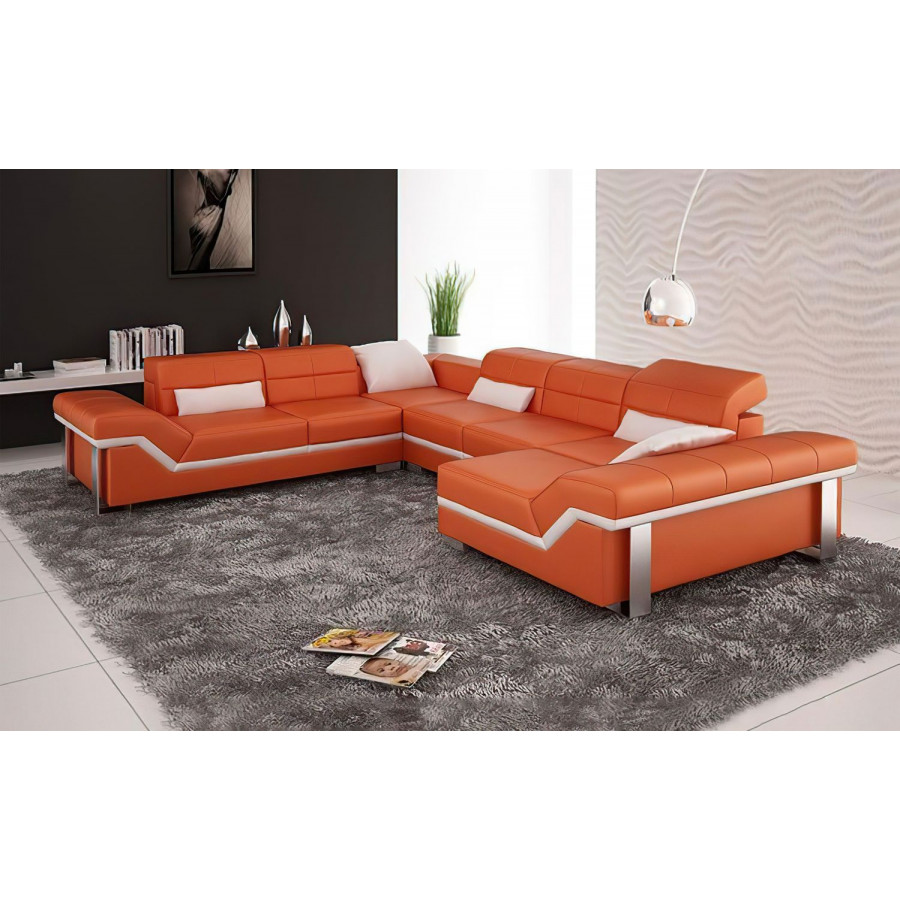 Jubilee Pivot Large Right Hand Facing Sectional with Adjustable Headrest - Orange/White, Top Grain Italian Leather