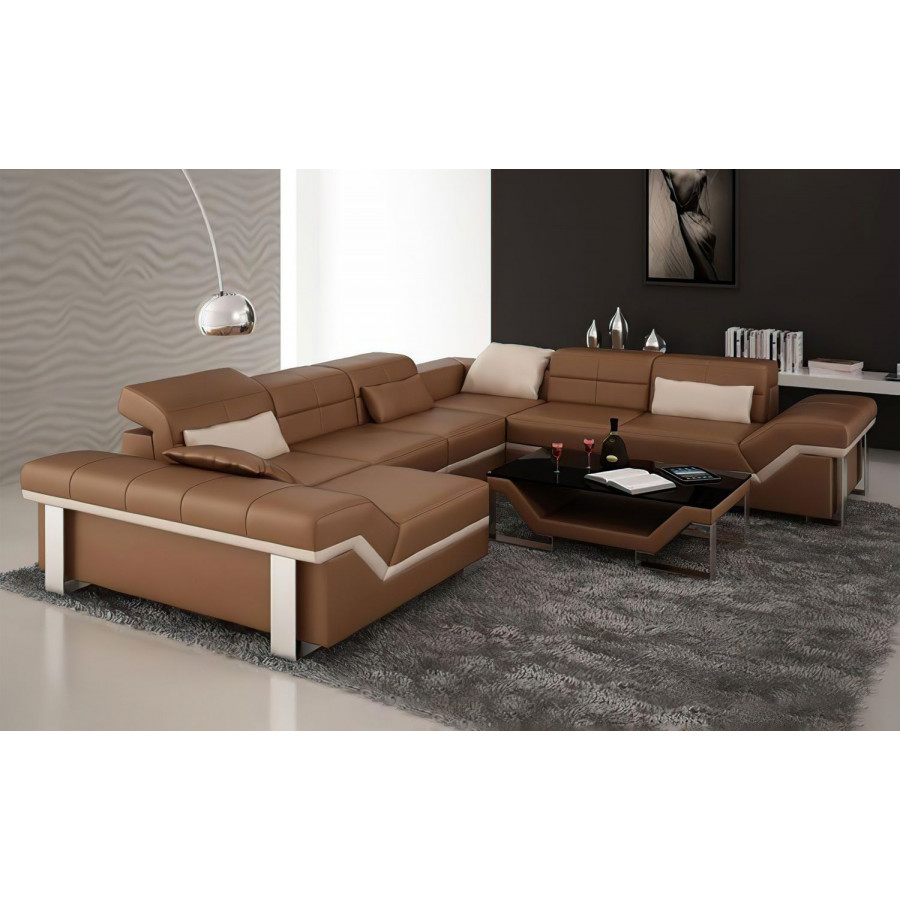 Jubilee Pivot Large Left Hand Facing Sectional with Adjustable Headrest - Brown/Beige, Top Grain Italian Leather