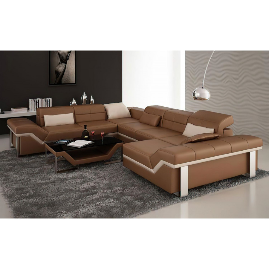 Jubilee Pivot Large Right Hand Facing Sectional with Adjustable Headrest - Brown/Beige, Top Grain Italian Leather