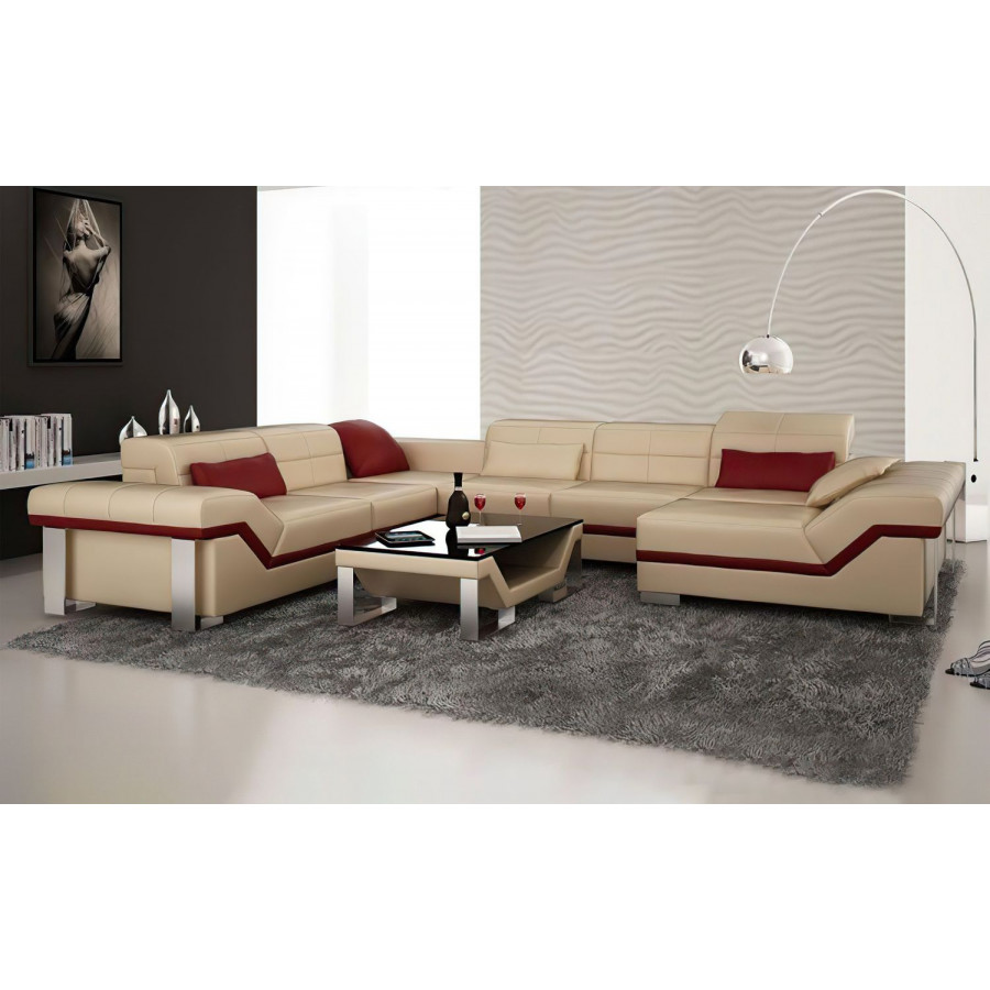 Jubilee Pivot Large Right Hand Facing Sectional with Adjustable Headrest - Beige/Red, Top Grain Italian Leather