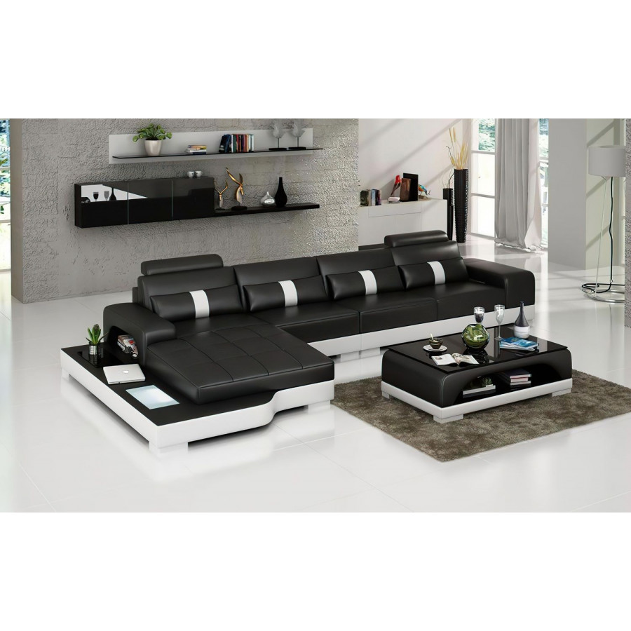 Jubilee Kendrick Left Hand Facing Sectional with Adjustable Headrest - Black/White, Top Grain Italian Leather