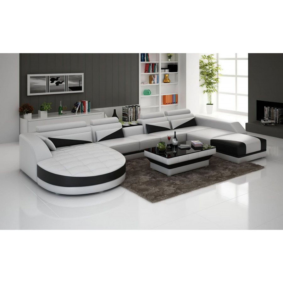 Jubilee Lilo Left Hand Facing Sectional with Shape Chaise - White/Black, Top Grain Italian Leather