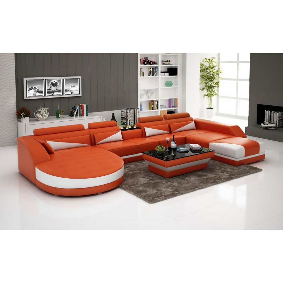Jubilee Lilo Left Hand Facing Sectional with Shape Chaise - Orange/White, Top Grain Italian Leather