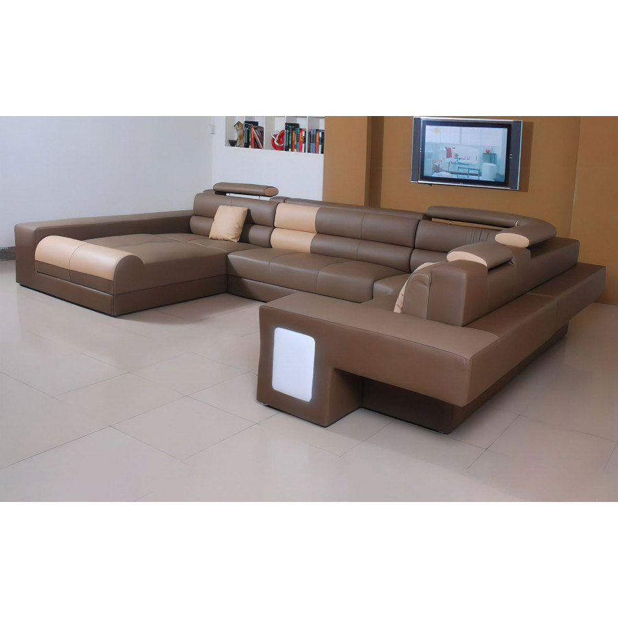 Jubilee Asherton Functional Left Hand Facing Sectional with Led - Dark Brown/Beige, Top Grain Italian Leather
