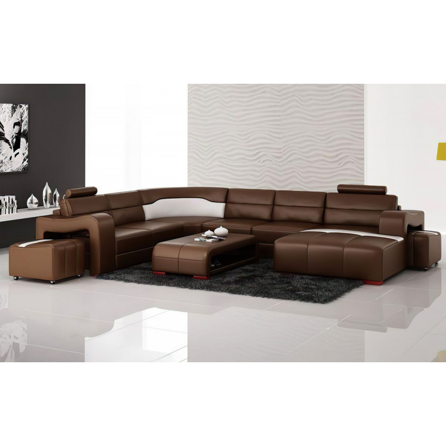 Jubilee Sunnydale Large Right Hand Facing Sectional with Ottomans - Brown/White, Top Grain Italian Leather