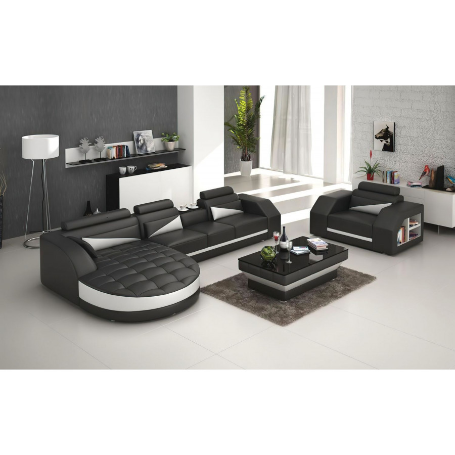 Jubilee Lonsdale Left Hand Facing Sectional with Shape Chaise - Black/White, Top Grain Italian Leather