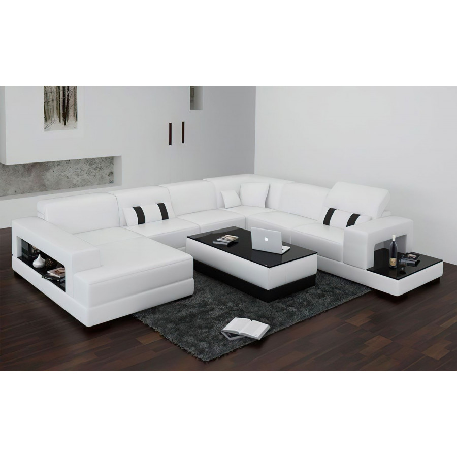 Jubilee Whitman Modern Left Hand Facing Sectional with Chaise - White/Black, Top Grain Italian Leather