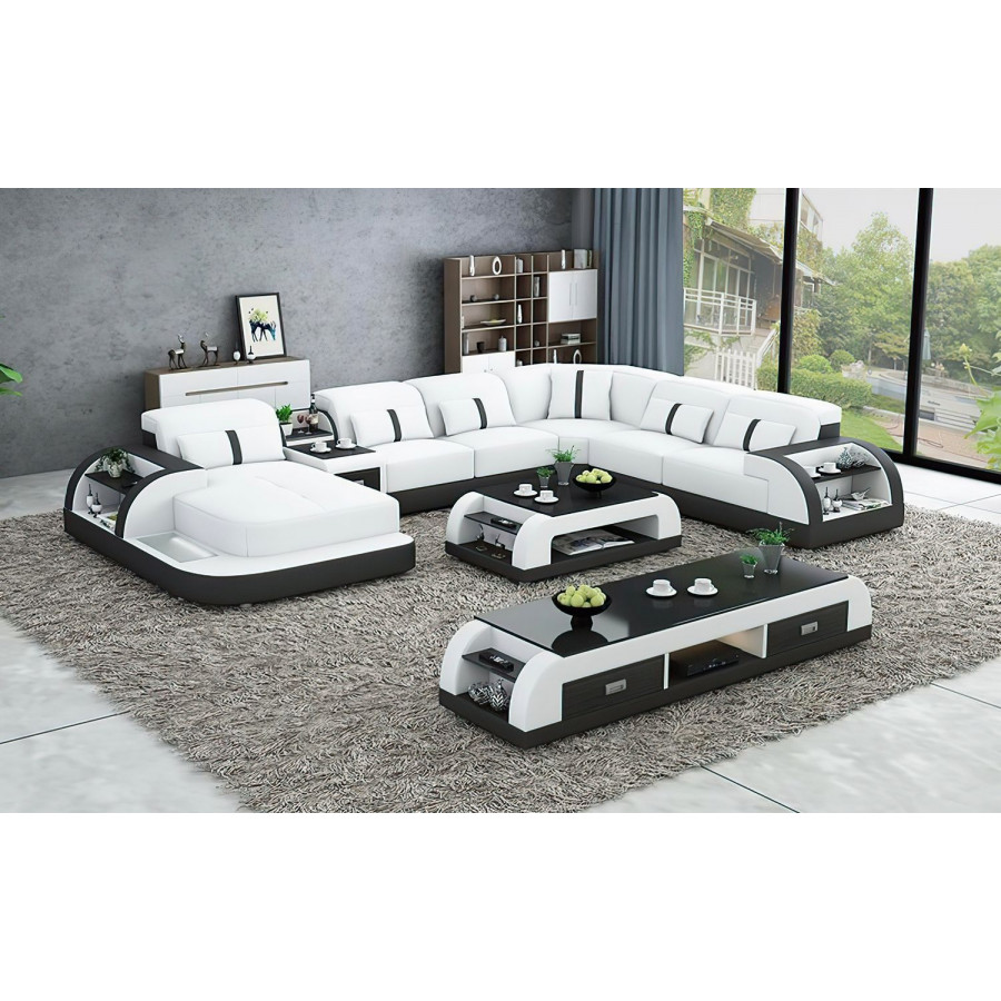 Jubilee Blaylock Modern Left Hand Facing Sectional Sofa with Led - White/Black, Top Grain Italian Leather