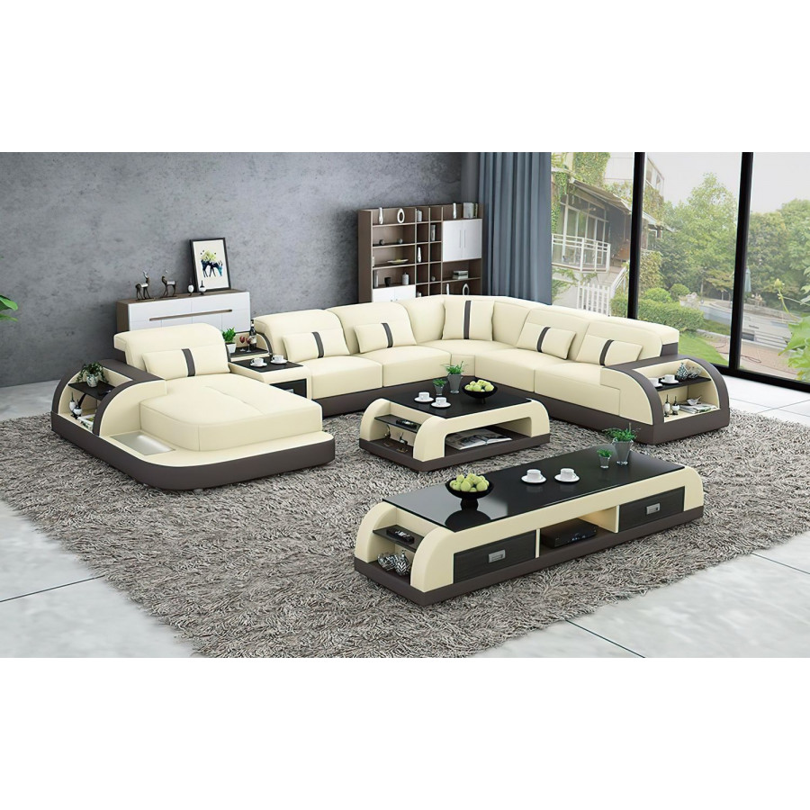 Jubilee Blaylock Modern Left Hand Facing Sectional Sofa with Led - Beige/Dark Brown, Top Grain Italian Leather