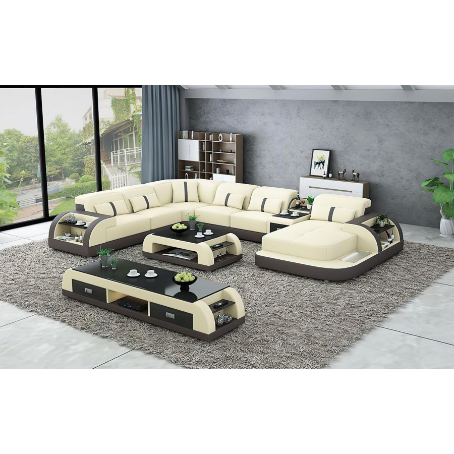 Jubilee Blaylock Modern Right Hand Facing Sectional Sofa with Led - Beige/Dark Brown, Top Grain Italian Leather