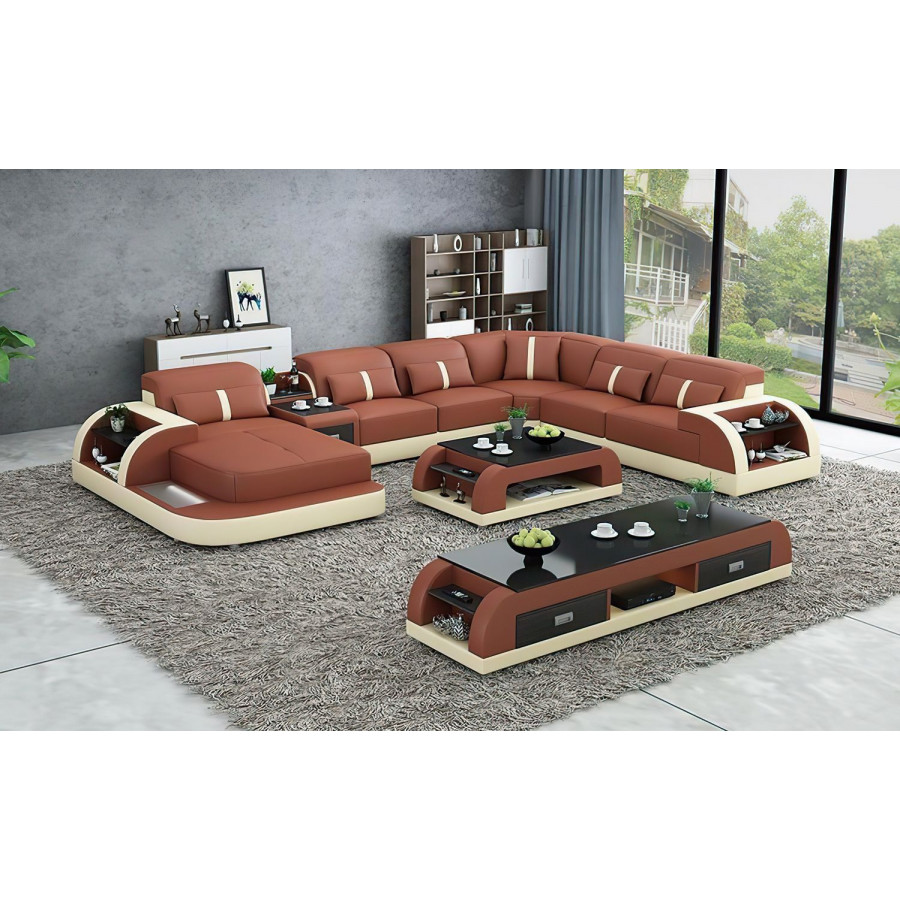 Jubilee Blaylock Modern Left Hand Facing Sectional Sofa with Led - Brown/Beige, Top Grain Italian Leather