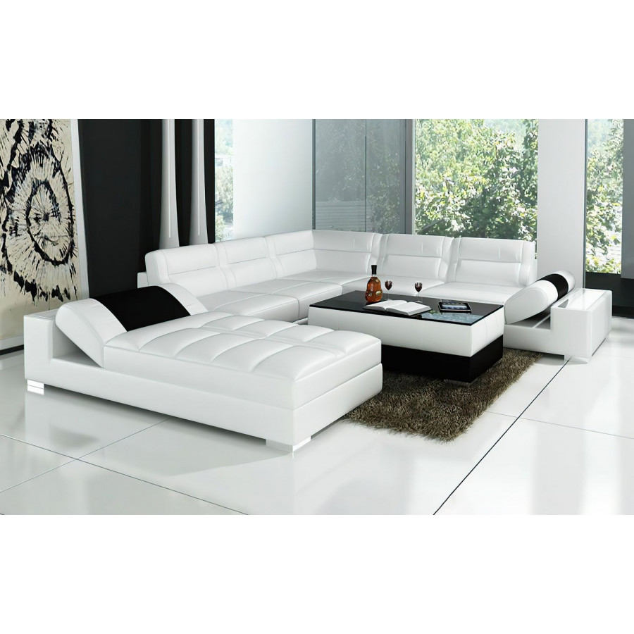 Jubilee Thataway Modern Left Hand Facing Sectional with Storage - White/Black, Top Grain Italian Leather