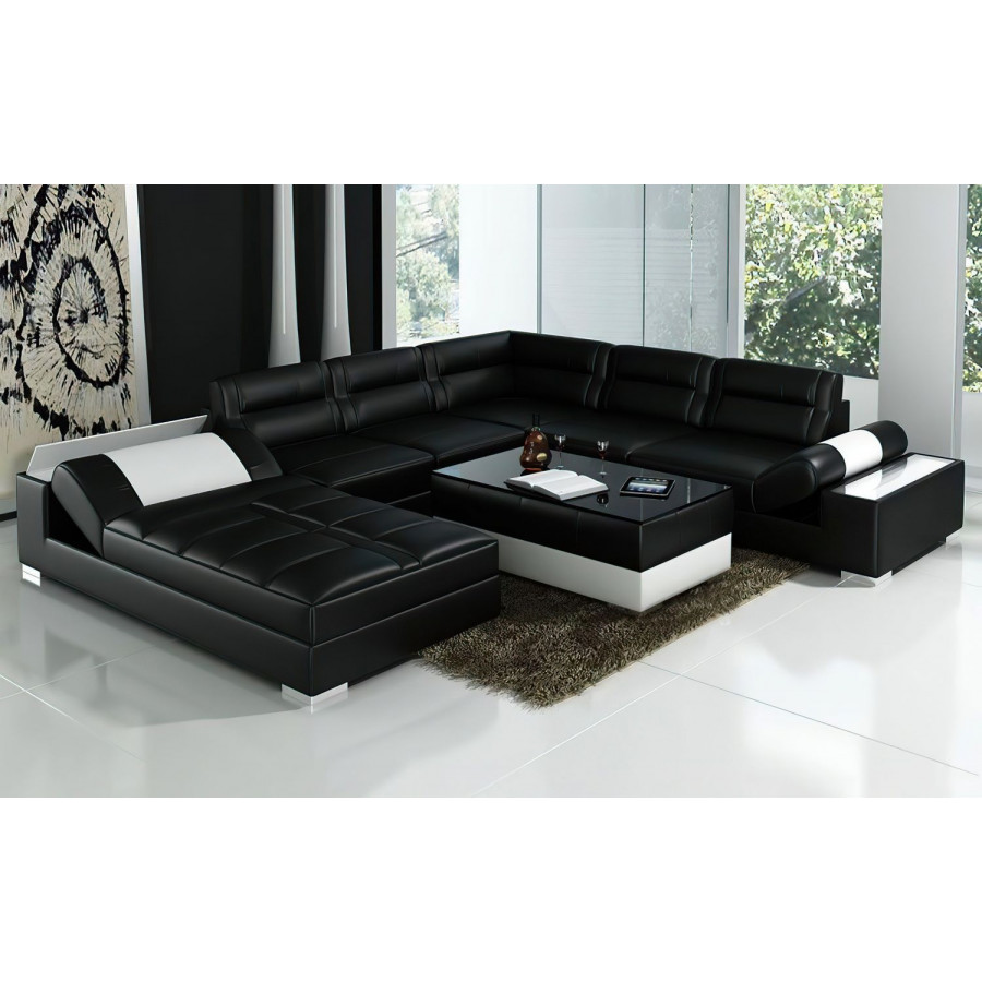 Jubilee Thataway Modern Left Hand Facing Sectional with Storage - Black/White, Top Grain Italian Leather