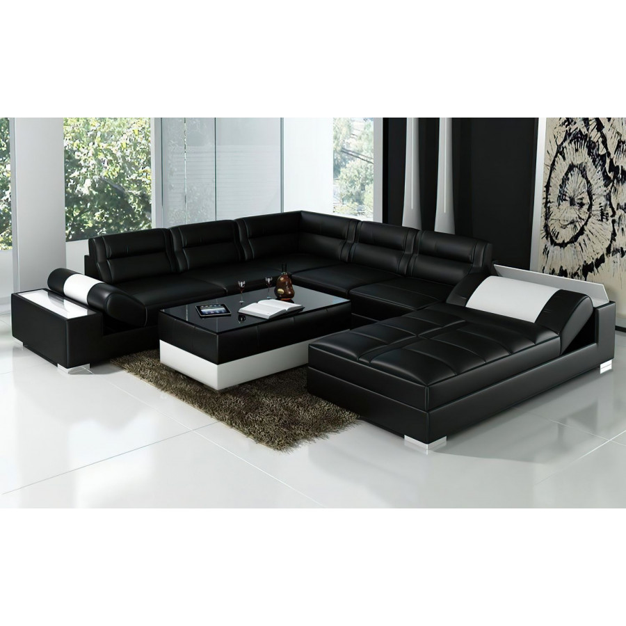Jubilee Thataway Modern Right Hand Facing Sectional with Storage - Black/White, Top Grain Italian Leather