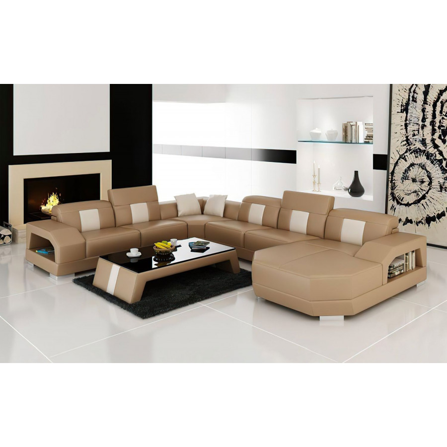 Jubilee Bozeman Right Hand Facing Sectional with Shape Chaise - Tan/White, Top Grain Italian Leather