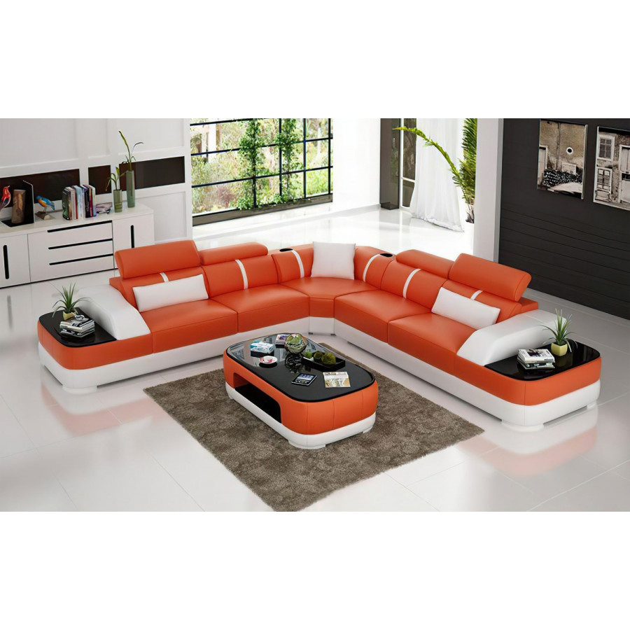 Jubilee Niemi Corner Sectional with Cup Holders - Orange/White, Top Grain Italian Leather