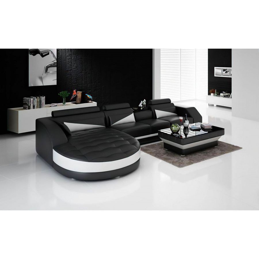 Jubilee Skye Left Hand Facing Sectional with Shape Chaise - Black/White, Top Grain Italian Leather