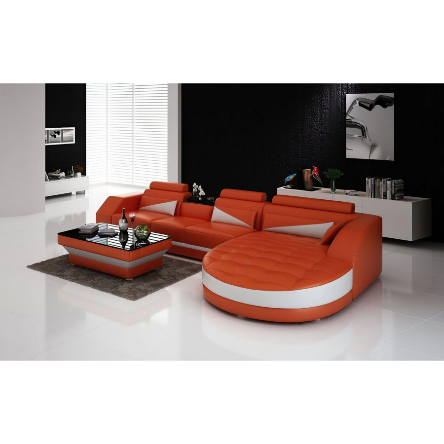 Jubilee Skye Right Hand Facing Sectional with Shape Chaise - Orange/White, Top Grain Italian Leather