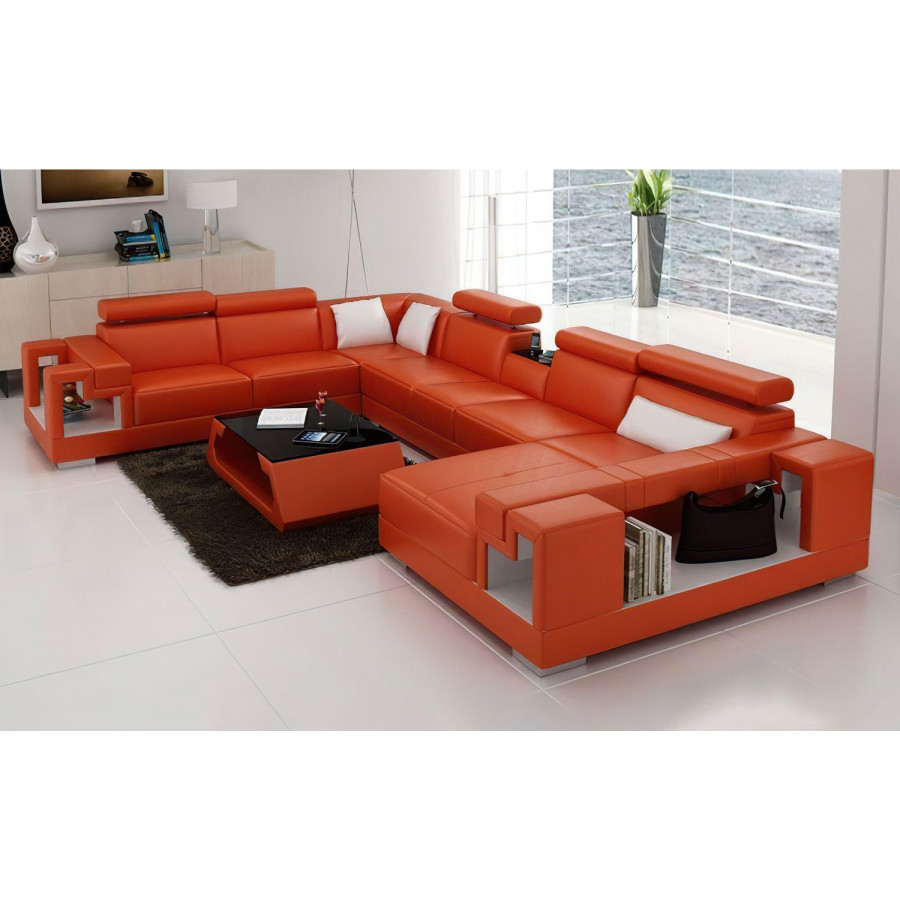 Jubilee Moore Right Hand Facing Sectional with Storage - Orange/White, Top Grain Italian Leather