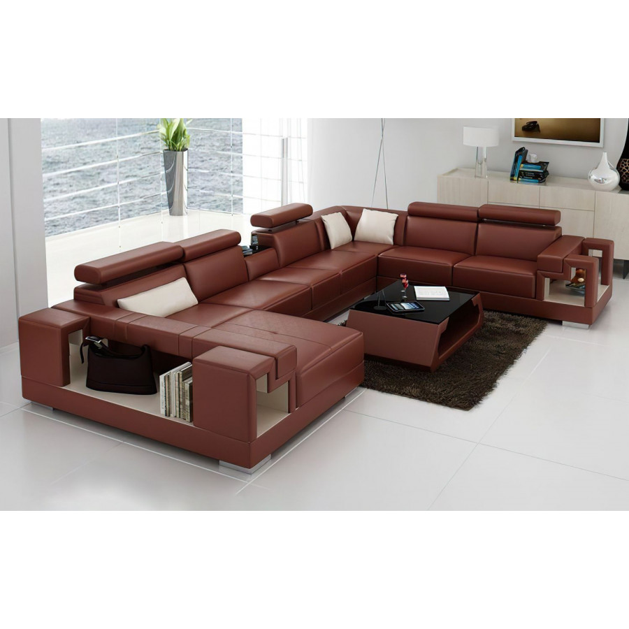 Jubilee Moore Left Hand Facing Sectional with Storage - Brown/White, Top Grain Italian Leather