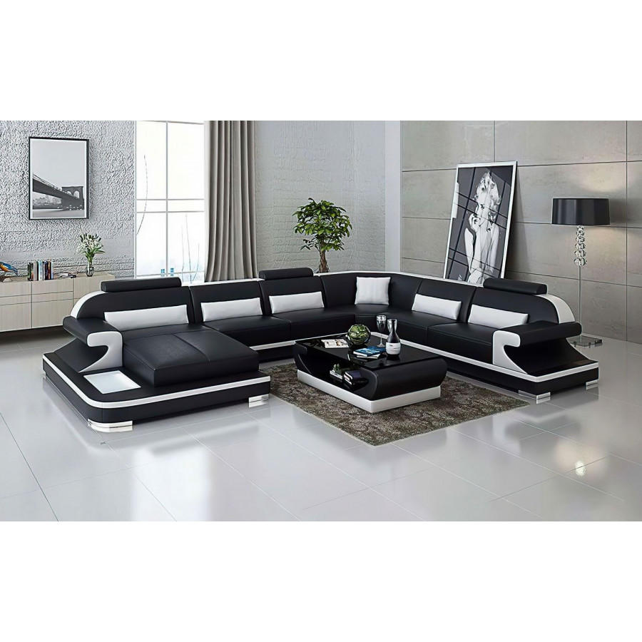 Jubilee Josia Large Left Hand Facing Sectional Sofas with Adjustable Headrest - Black/White, Top Grain Italian Leather